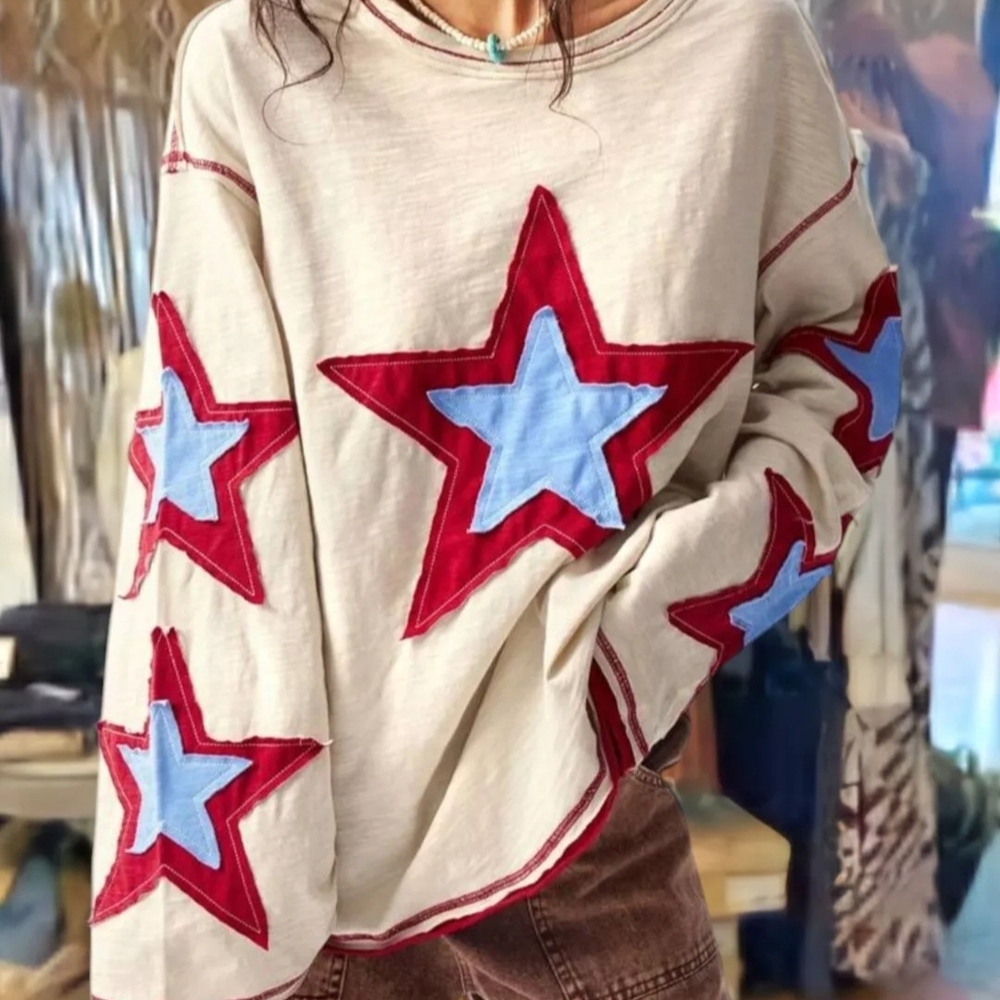 Pol Boho Star Patterned Patchwork Long Sleeve Top… - image 7